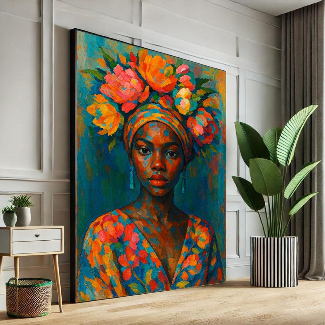 Bold African Woman Floral Headwrap Vibrant Colorful Portrait Poster