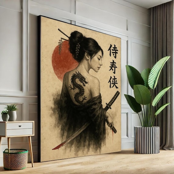 Samurai Woman Canvas Wall Art Dragon Tattoo Katana Print Japanese Warrior Female Poster Asian Style Decor Ready To Hang