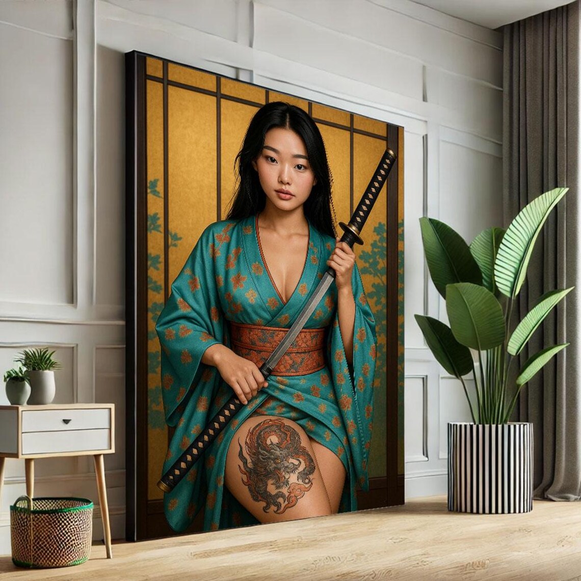 Samurai Woman Teal Kimono Katana Portrait Gold Screen Photoreal Wall Poster