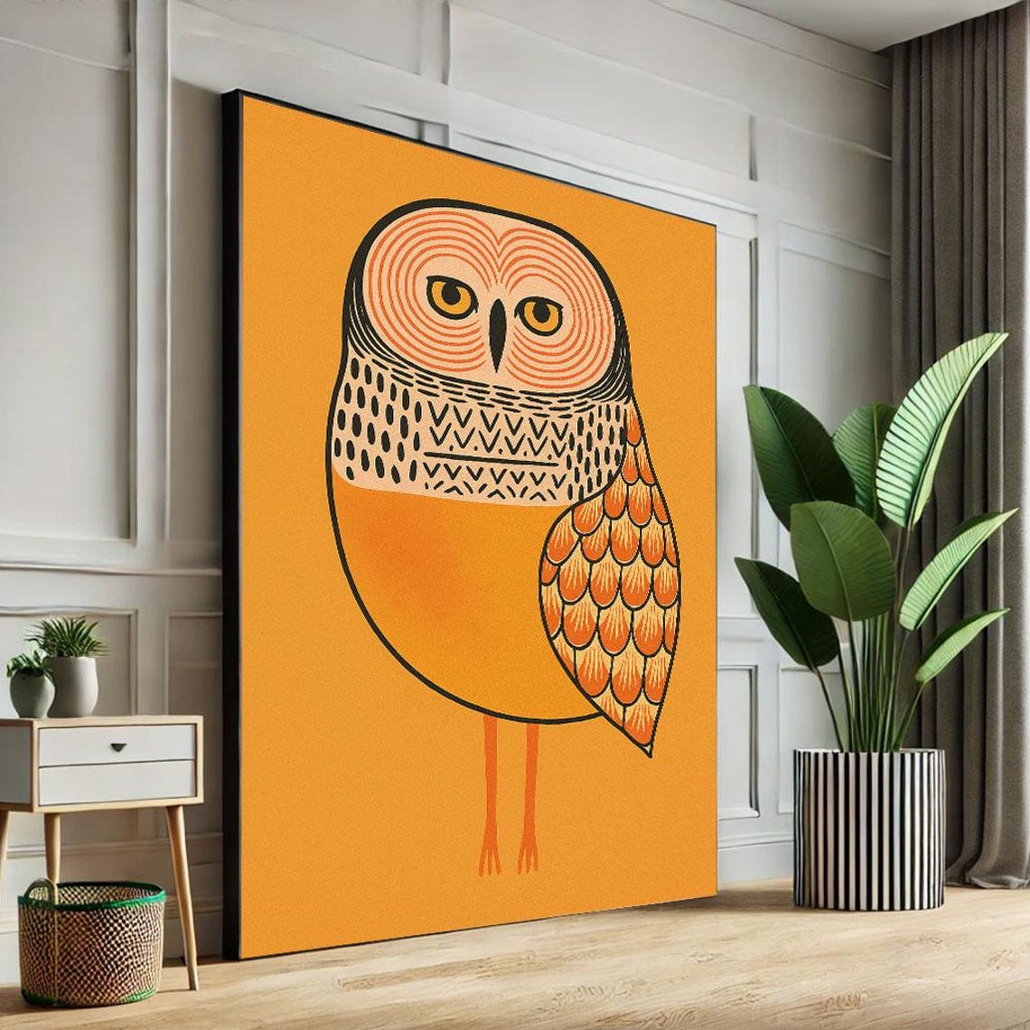 Retro Orange Stylized Owl Patterned Graphic Bold Color Poster