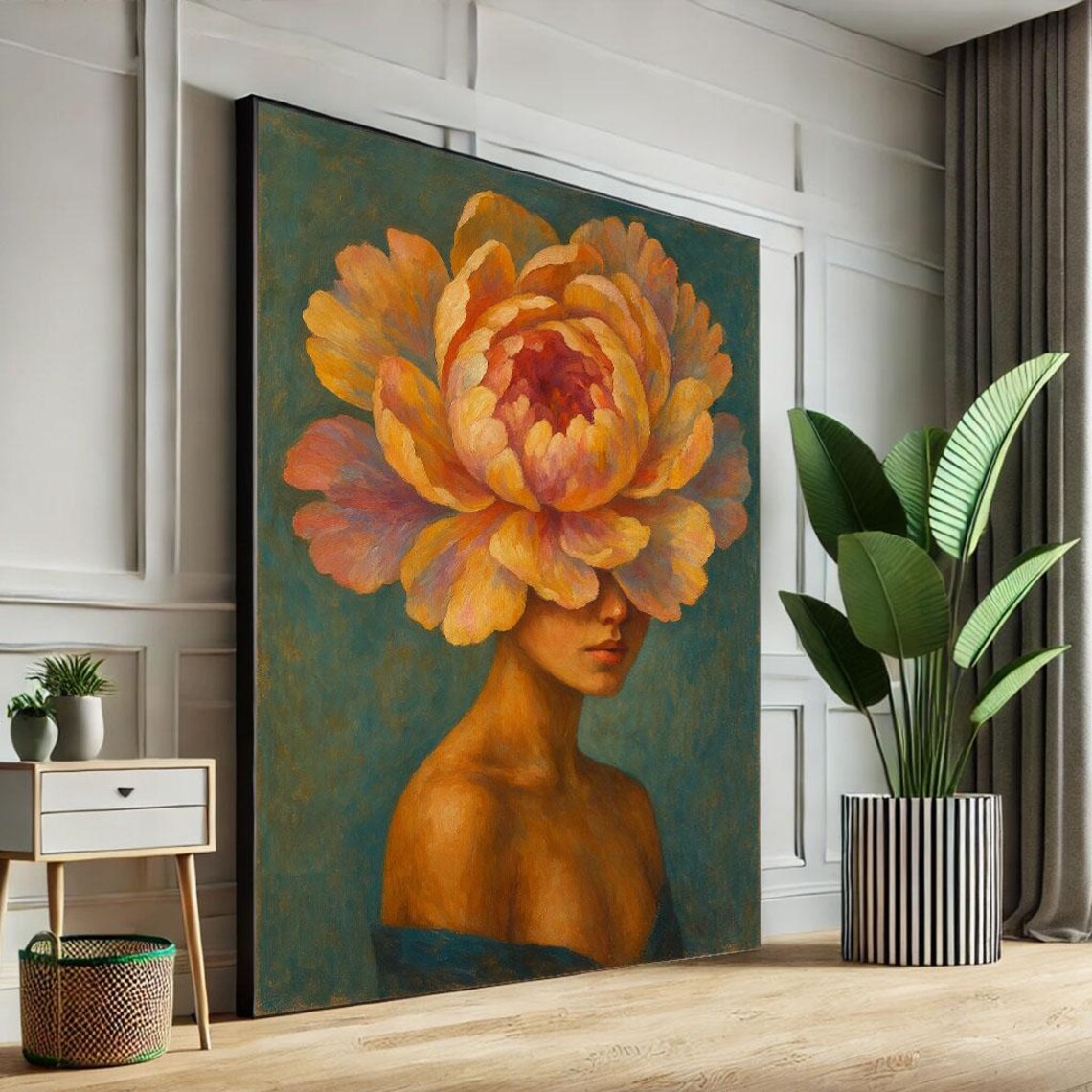 Whimsical Floral Woman Portrait Giant Orange Bloom Art Poster