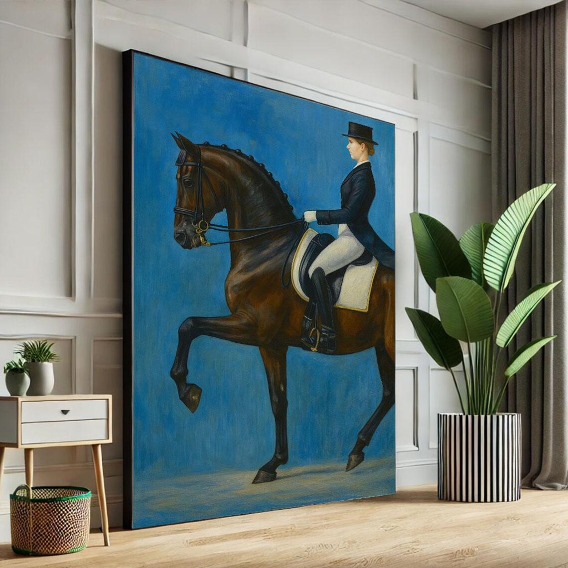 Classic Dressage Rider On Bay Horse Blue Equestrian Portrait Poster