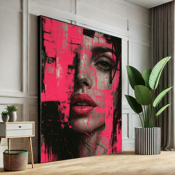 Bold Abstract Portrait Canvas Wall Art Print Pink And Black Living Room Decor Statement Piece For Modern Lovers