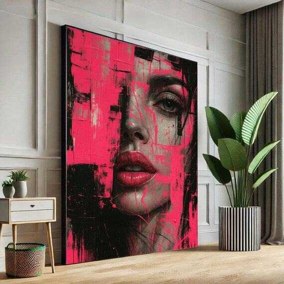 Pink And Black Graffiti Woman Portrait Neon Grunge Street Wall Art