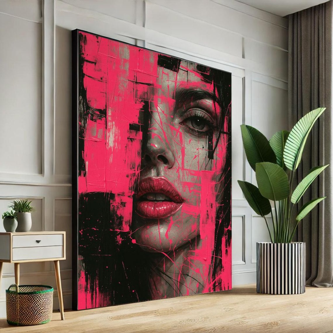 Pink And Black Graffiti Woman Portrait Neon Grunge Street Wall Art