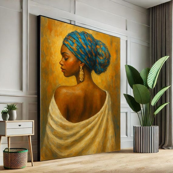 Elegant African Woman Portrait Canvas Wall Art Print Boho Living Room Decor Statement Piece
