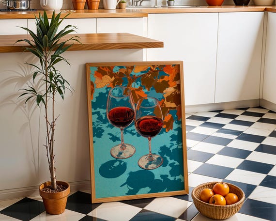 Autumn Wine Bottle Print Rustic Fall Floral Kitchen Wall Art Poster