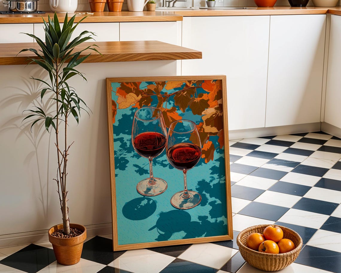 Autumn Wine Bottle Print Rustic Fall Floral Kitchen Wall Art Poster