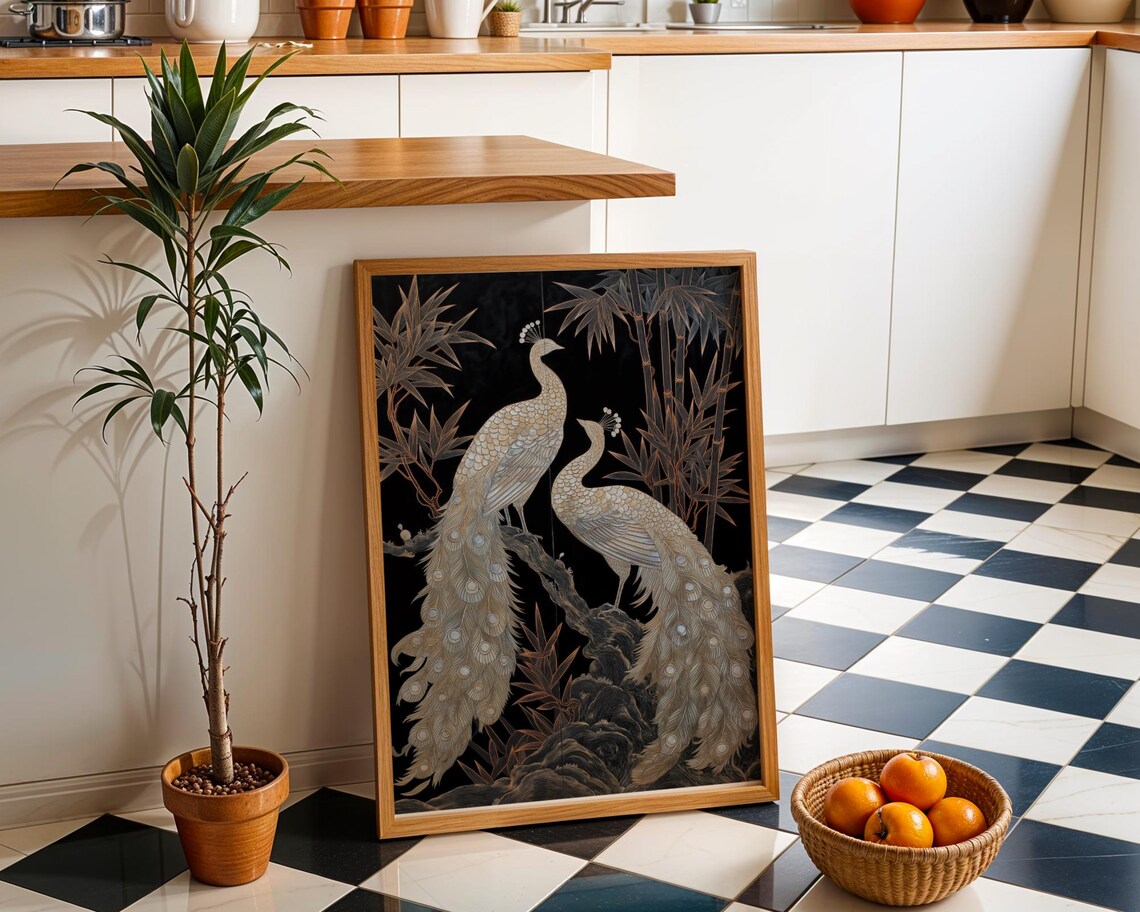 Pair Of White Peacocks Bamboo Dark Noir Oriental Bird Art Poster