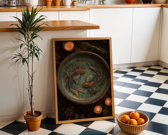 Koi Fish Bowl Candlelit Rustic Kitchen Table Still Life Poster