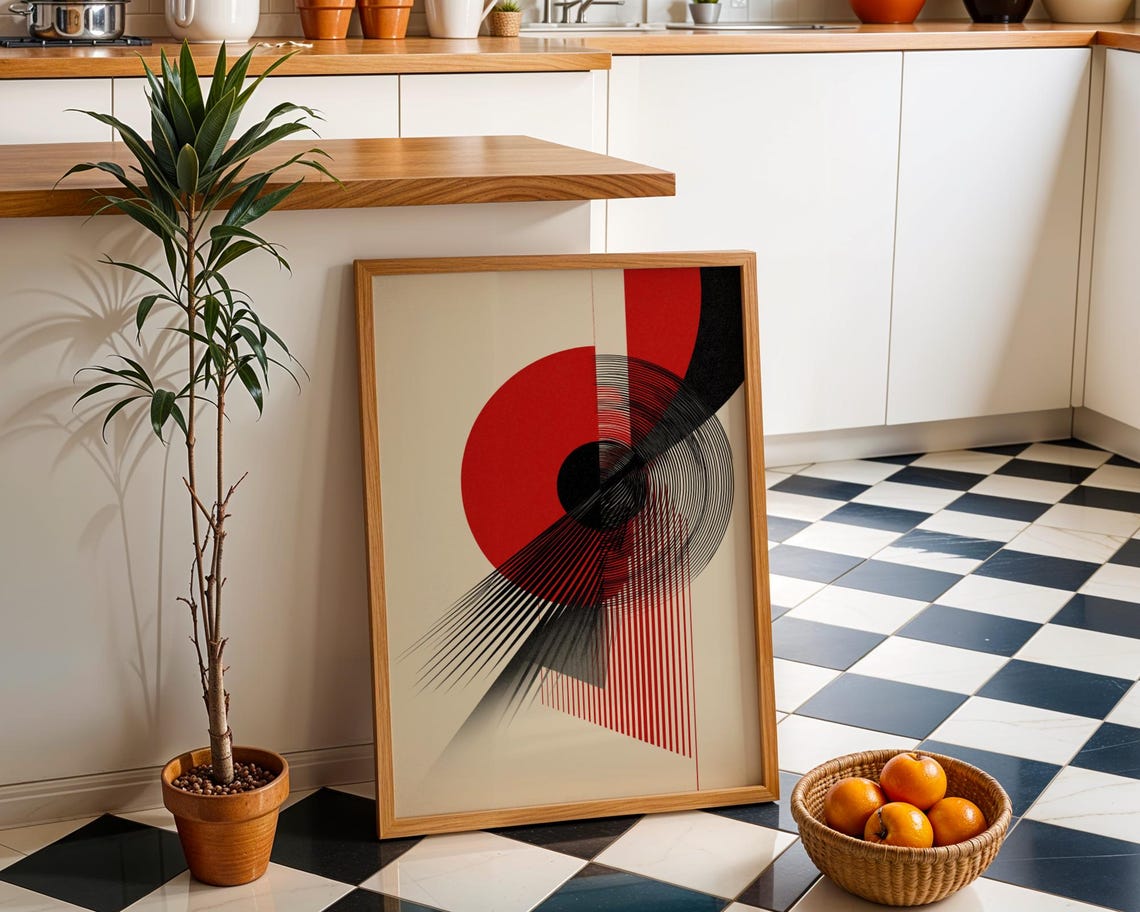 Playhaus Abstract Red Circle Radiating Lines Modernist Art Poster