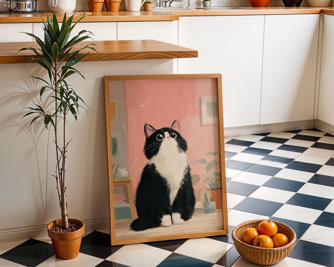 Black And White Tuxedo Cat Pink Background Cute Illustration Poster