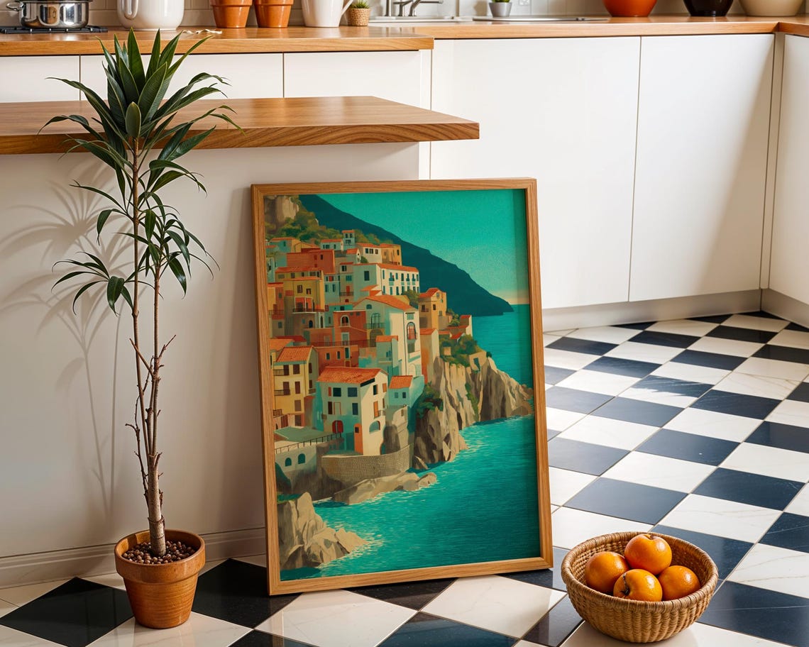 Cliffside Coastal Village Colorful Houses Illustration Poster