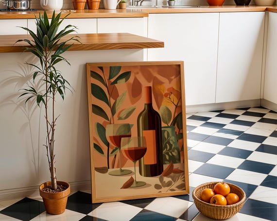 Autumn Wine Bottle Print Rustic Fall Floral Kitchen Wall Art Poster