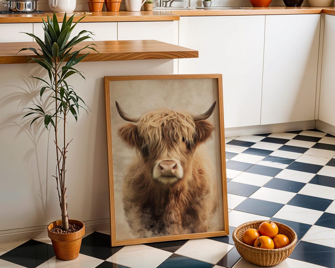 Shaggy Brown Highland Cow Front Facing Rustic Portrait Art Poster