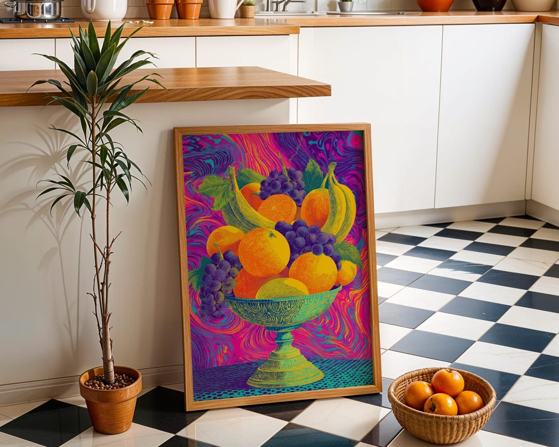 Neon Fruit Bowl Oranges Grapes Psychedelic Pop Kitchen Poster