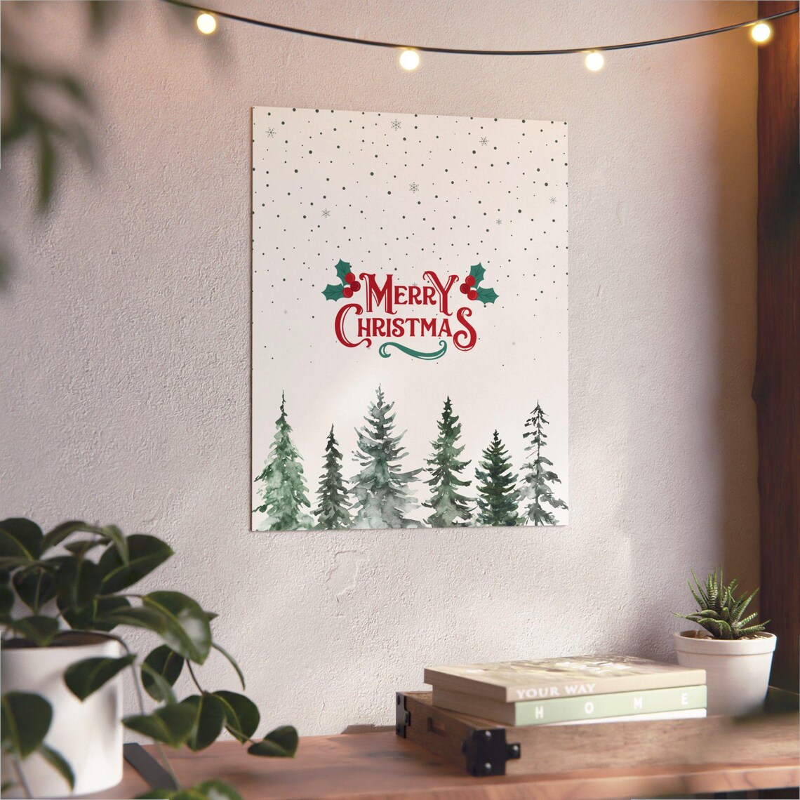 Merry Christmas Holly Watercolor Pine Trees Winter Snow Poster