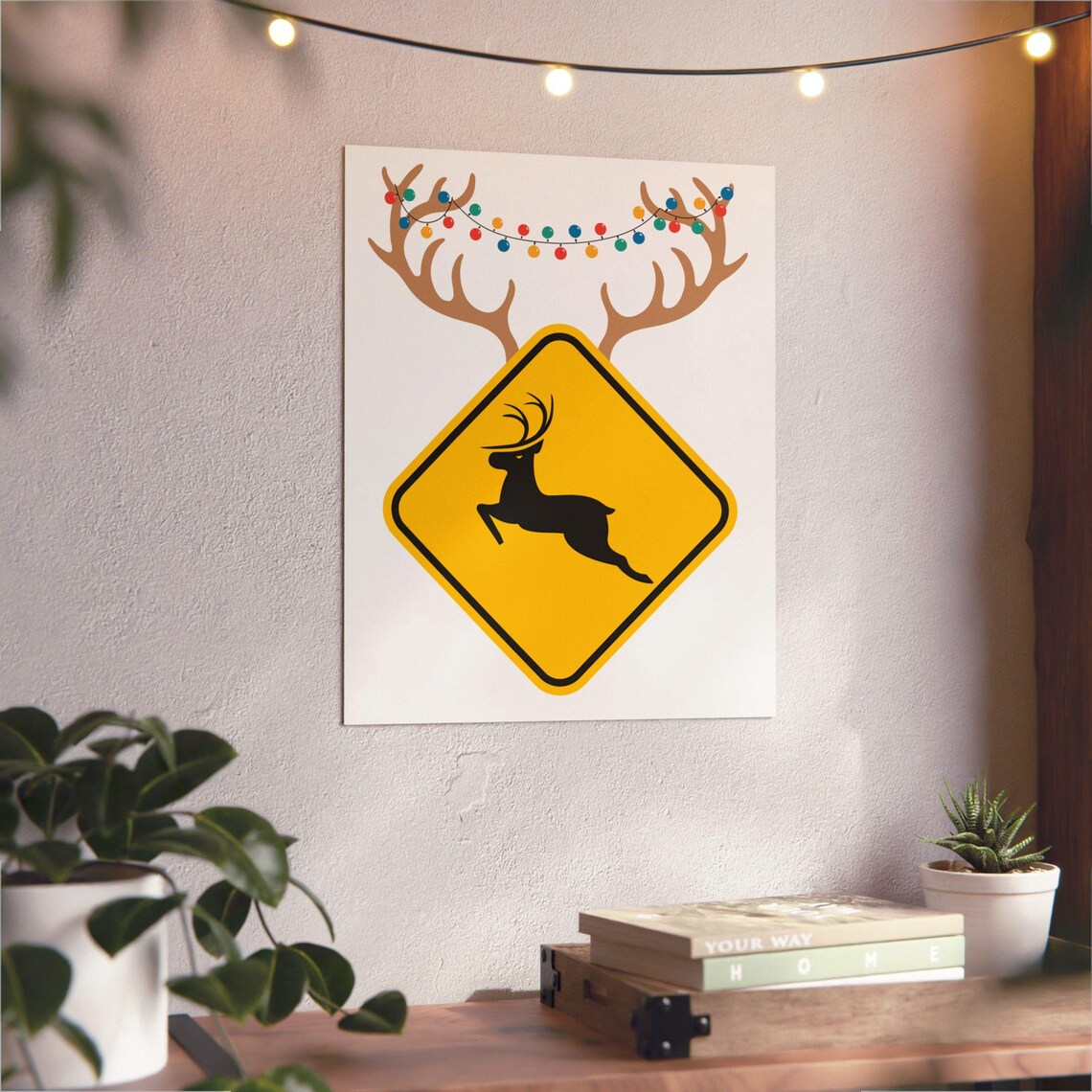 Funny Reindeer Crossing Road Sign Style Christmas Holiday Poster - Image 3