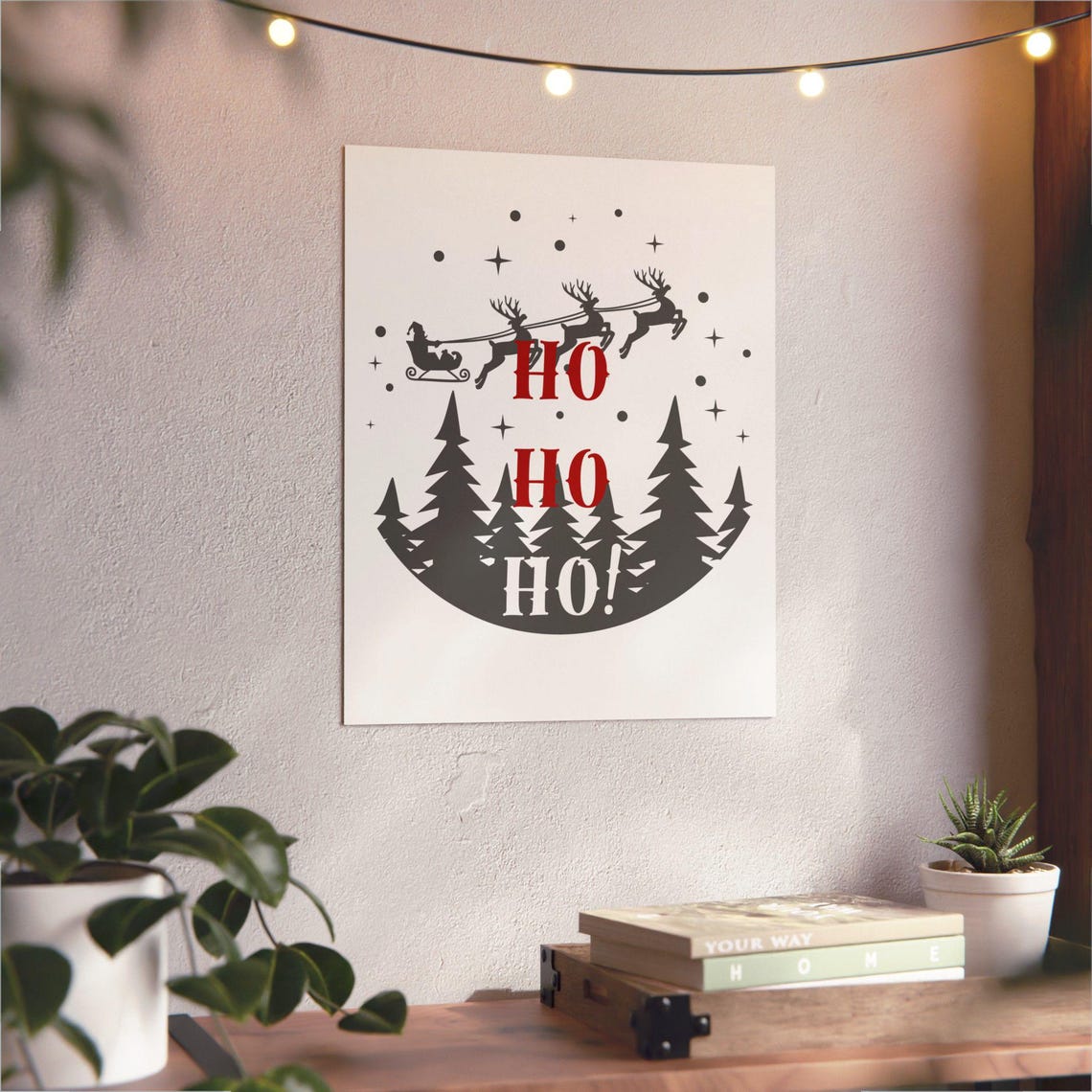 Ho Ho Ho Santa Sleigh Silhouette Pine Forest Starry Night Poster - Image 3