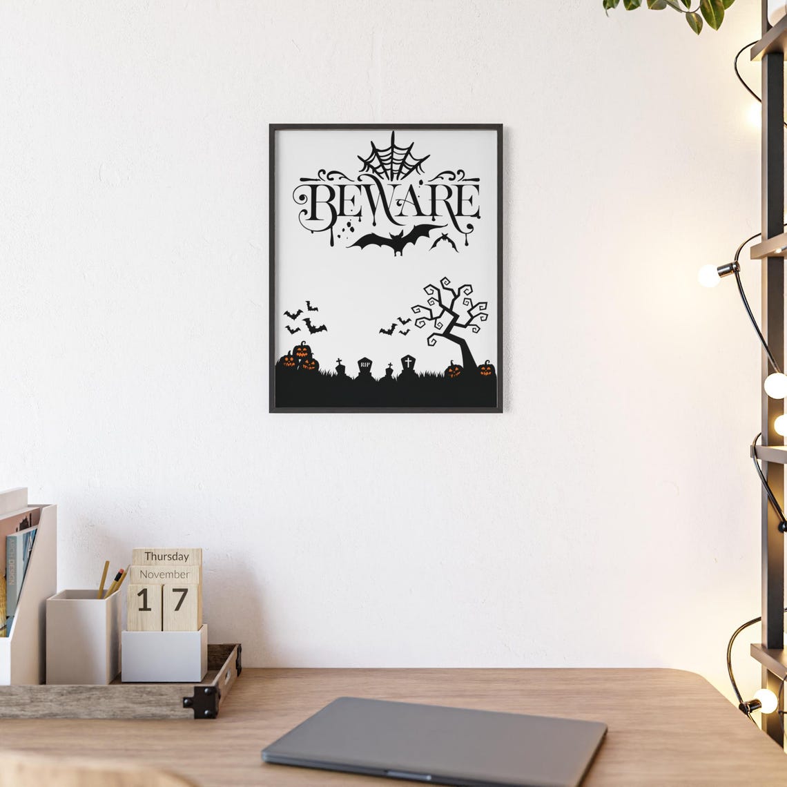 Beware Vintage Halloween Haunted Graveyard Bats Spooky Night Poster - Image 2