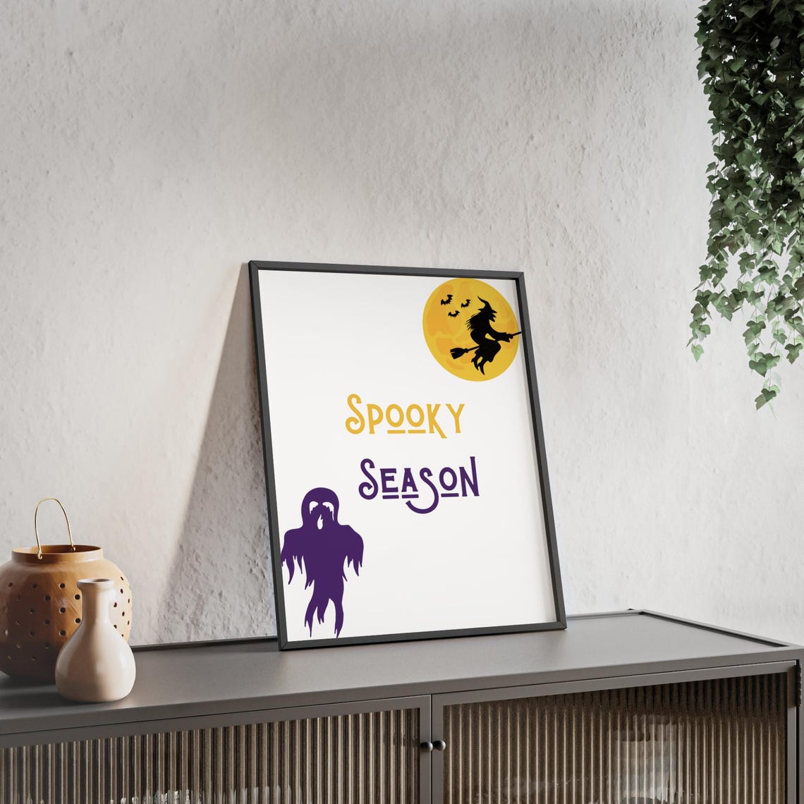 Spooky Season Witch Flying Moon Purple Ghost Halloween Poster