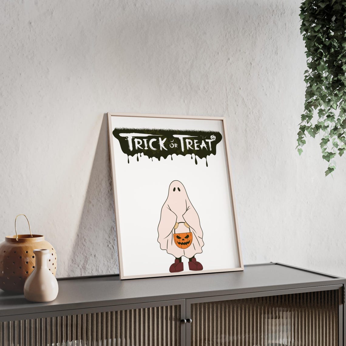 Trick Or Treat Dripping Ghost With Pumpkin Basket Party Poster