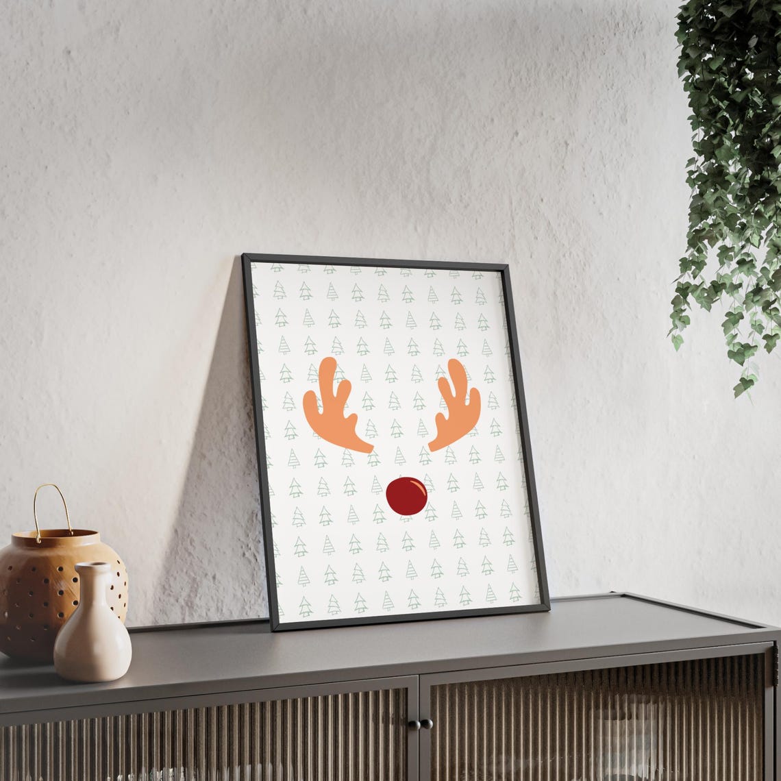Rudolph Reindeer Face Red Nose Mini Tree Pattern Holiday Poster