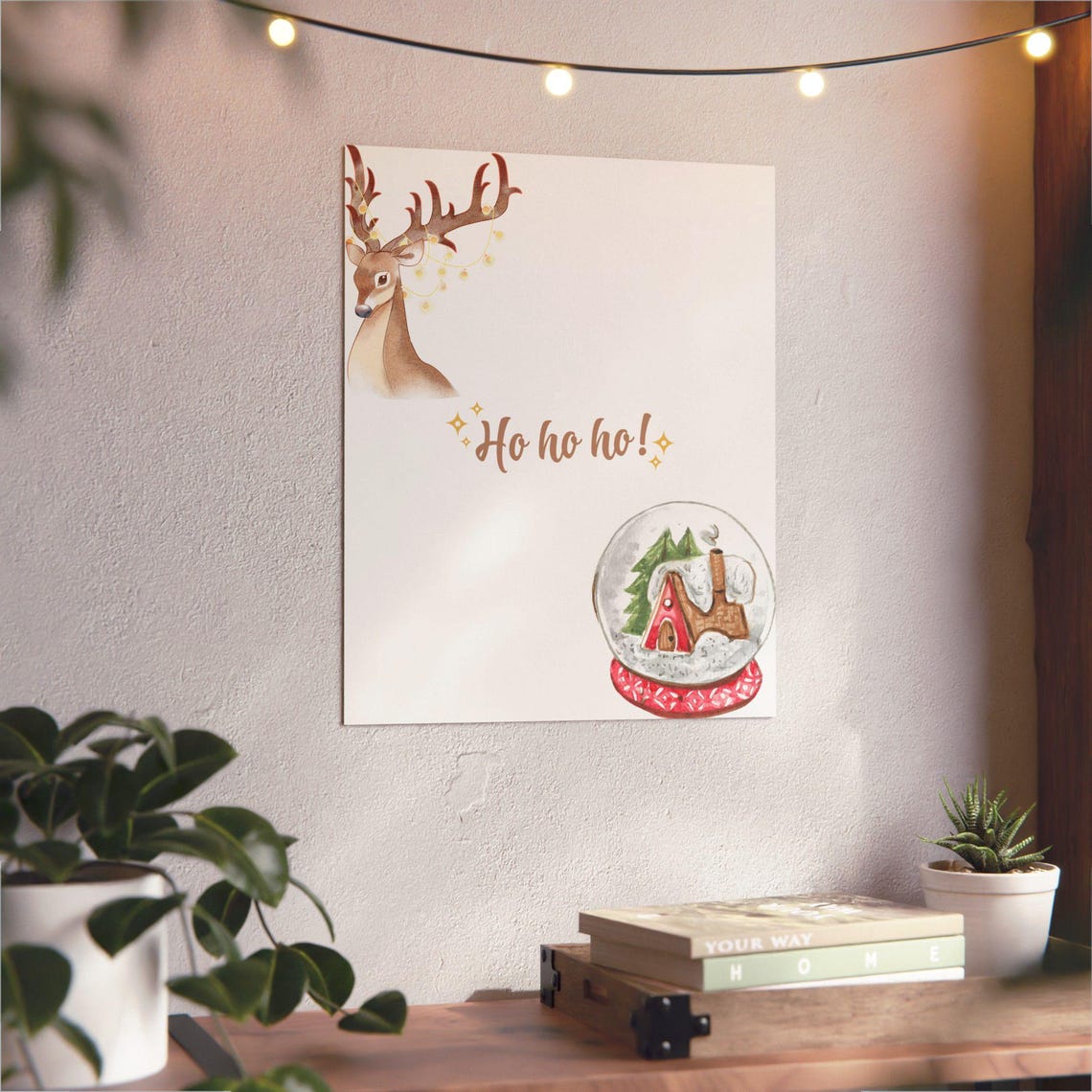 Ho Ho Ho Watercolor Reindeer And Snow Globe Christmas Poster