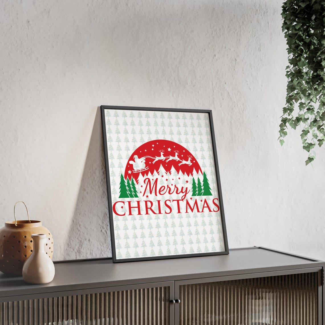 Merry Christmas Santa Sleigh Red Moon Pines Graphic Holiday Poster