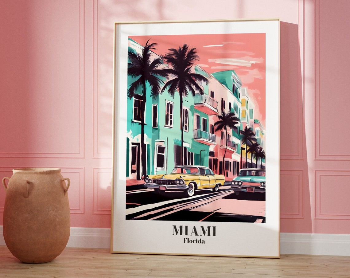 Miami Florida Pastel Art Deco Beach Scene Vintage Travel Poster