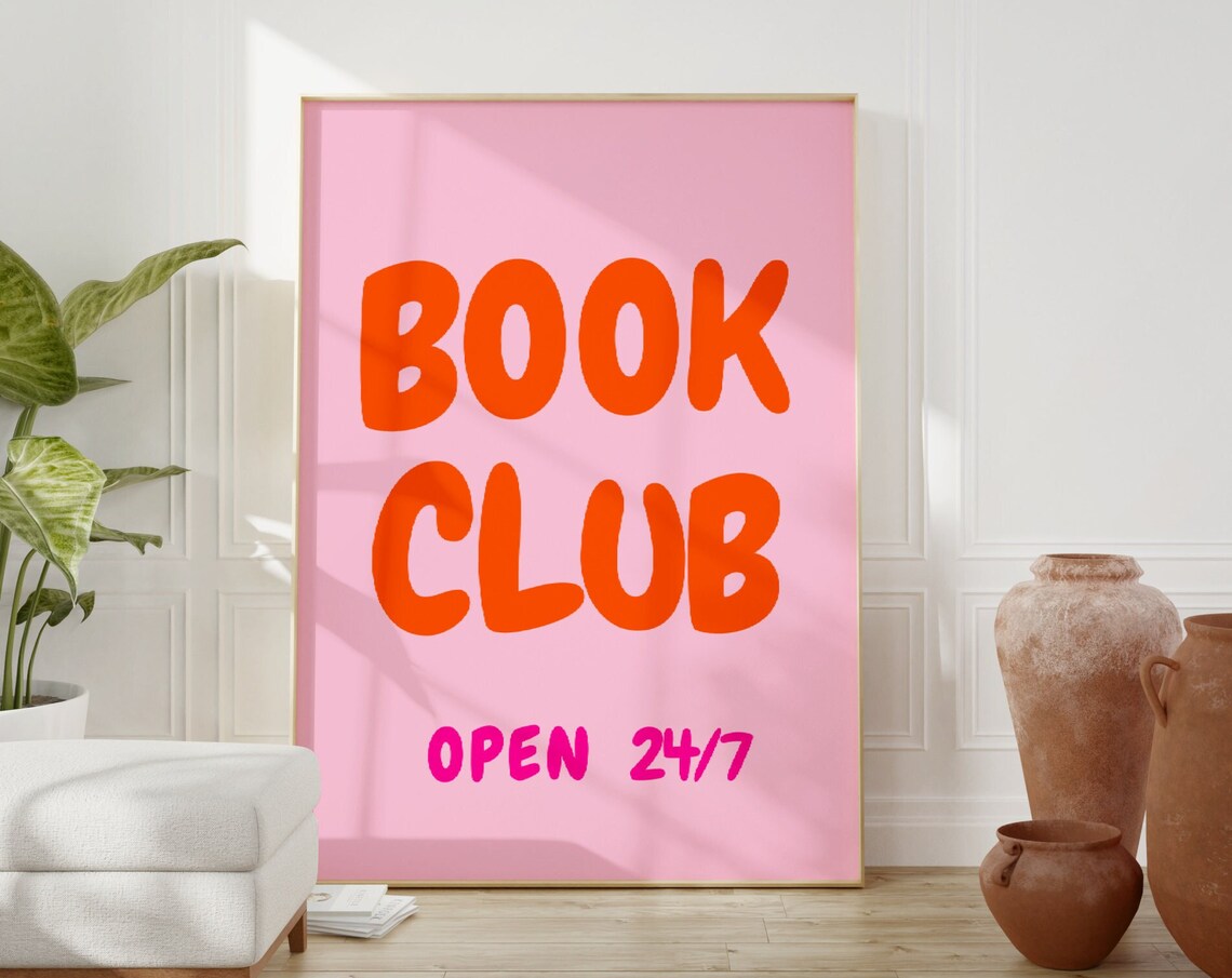 Pink Book Club Art Print, Retro Reading Corner Decor
