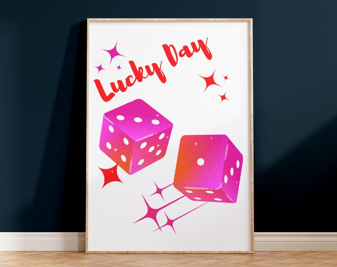Lucky Day Pink Dice Retro Poster Red Script Sparkle Preppy Aesthetic
