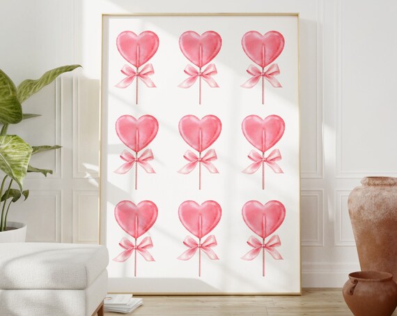 Pink Bow Print Butterfly Print Lollipop Heart Poster Valentine Love Gift Nursery Girly Wall Art Cute Pink Bow Poster Preppy Room Decor
