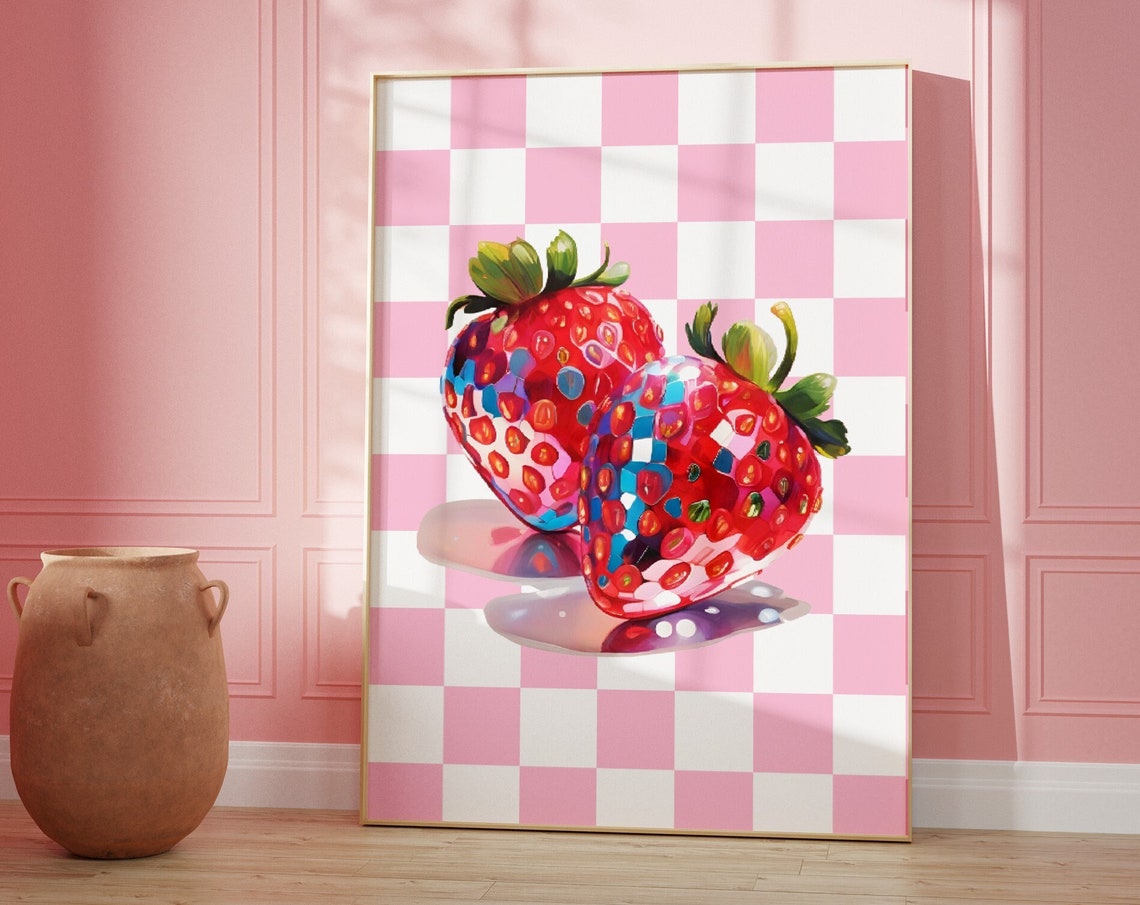 Disco Strawberries Pink Checkered Pop Art Fruit Poster Bold Wall Decor