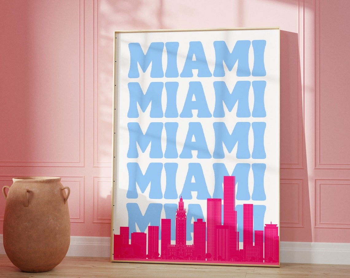 Miami Retro Skyline Typography Pink Blue Beach Travel Poster