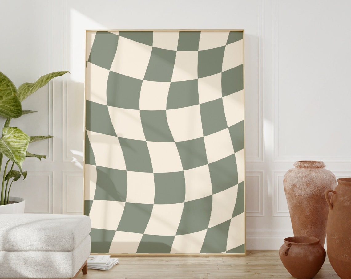 Sage Green Wavy Checkerboard Poster Groovy Retro Check Wall Decor Art