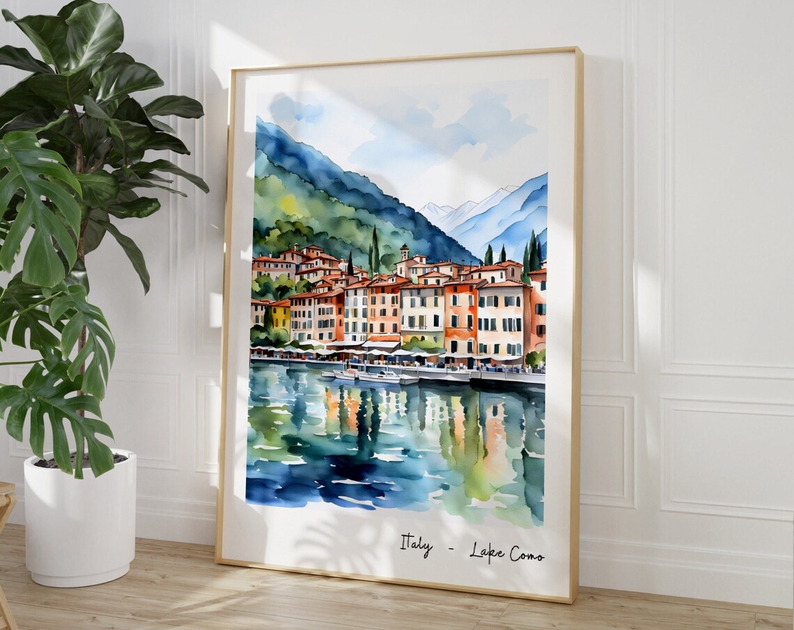 Lake Como Italy Watercolor Harbor Reflections Travel Landscape Poster - Image 3