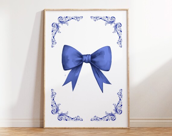 Navy Blue Watercolor Bow with Ornate Corner Flourish Classic Art Print