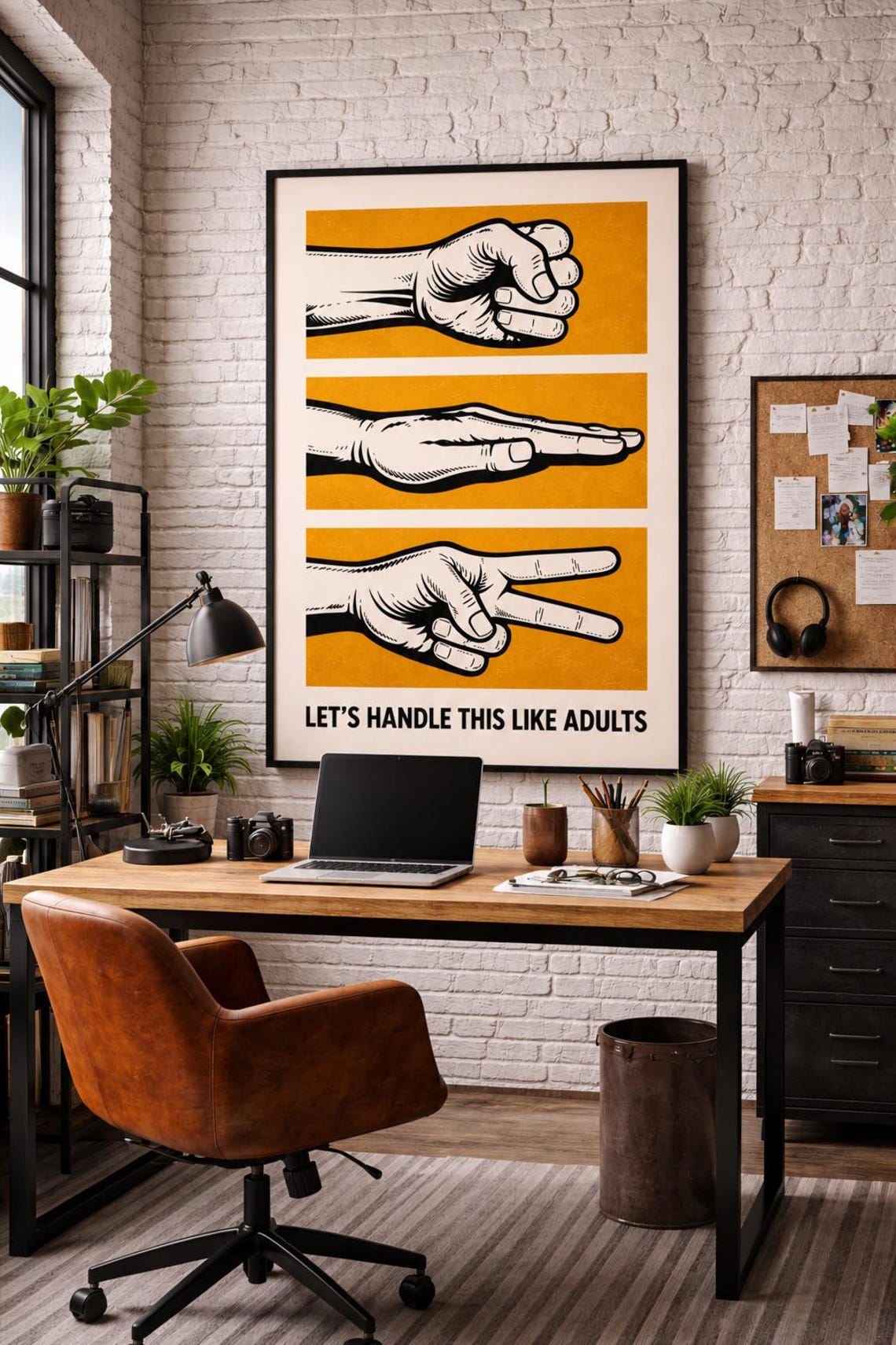 Retro Rock Paper Scissors Print Mustard Office Humor Wall Art - Image 2