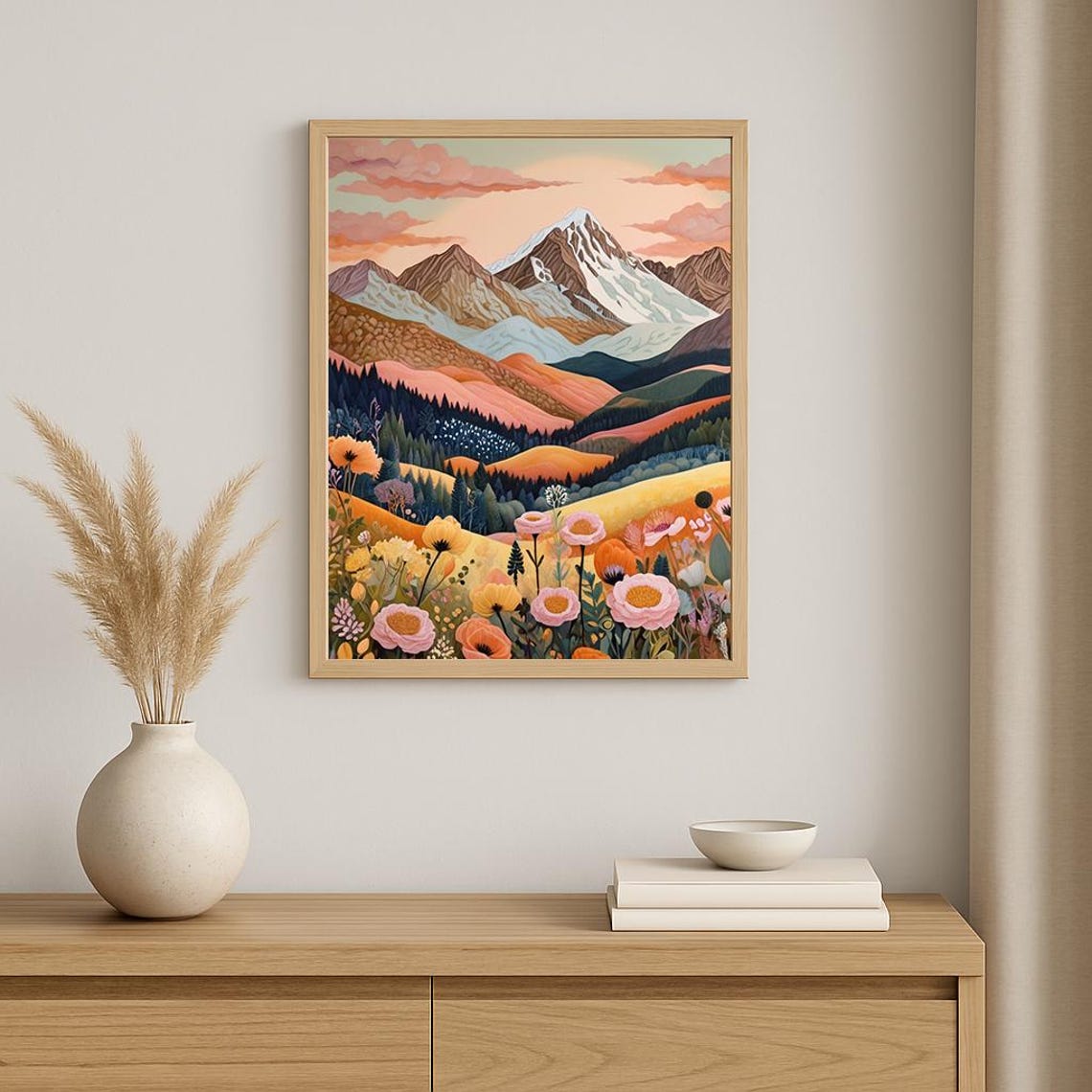 Snowcapped Mountain Sunset Meadow Wildflower Landscape Print