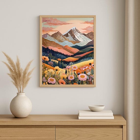 Golden Sunset Mountain Wall Art Vibrant Wildflowers Snowcapped Peaks Nature