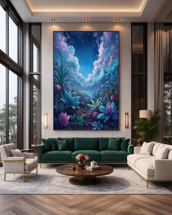 Mystical Starlit Night Garden Vibrant Flowers Fantasy Wall Art