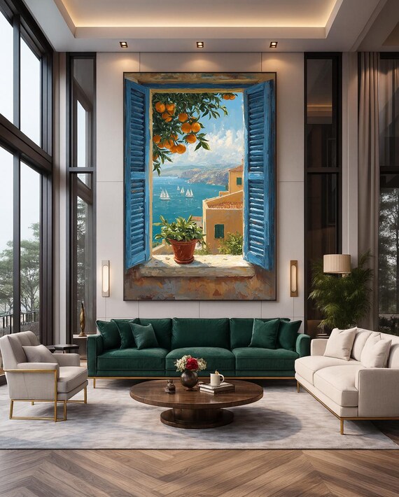 Mediterranean Sea View Through Blue Shutters Coastal Wall Art