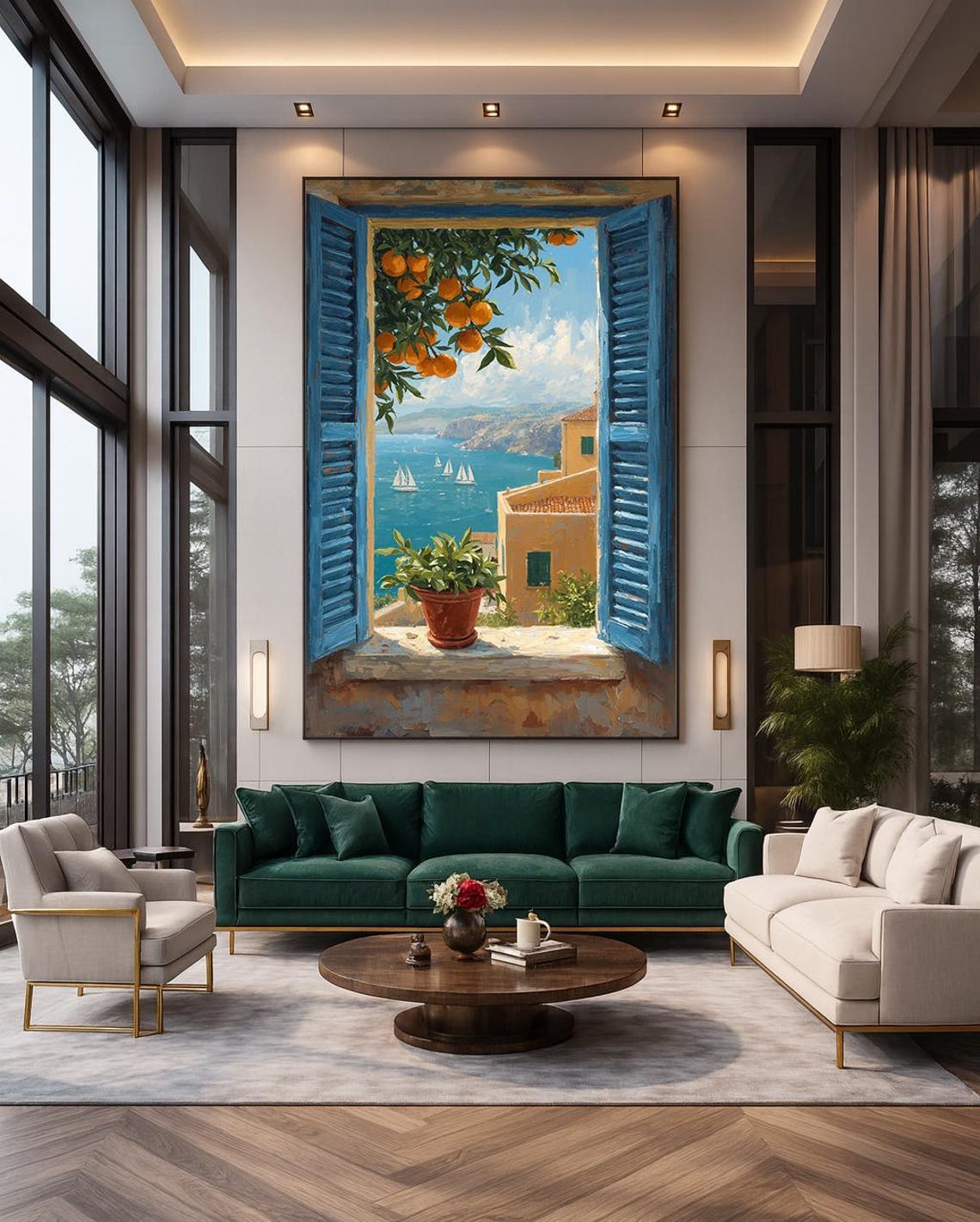 Mediterranean Sea View Through Blue Shutters Coastal Wall Art