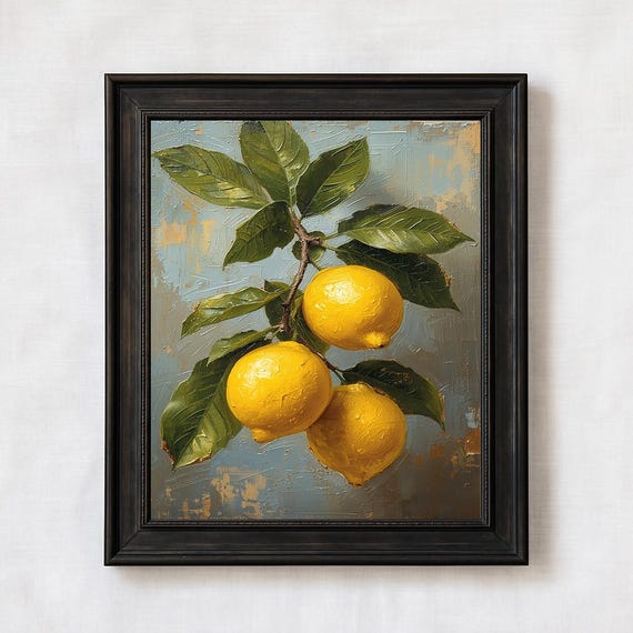 Lemon Still Life Print Rustic Kitchen Wall Art Yellow Fruit Oil Painting