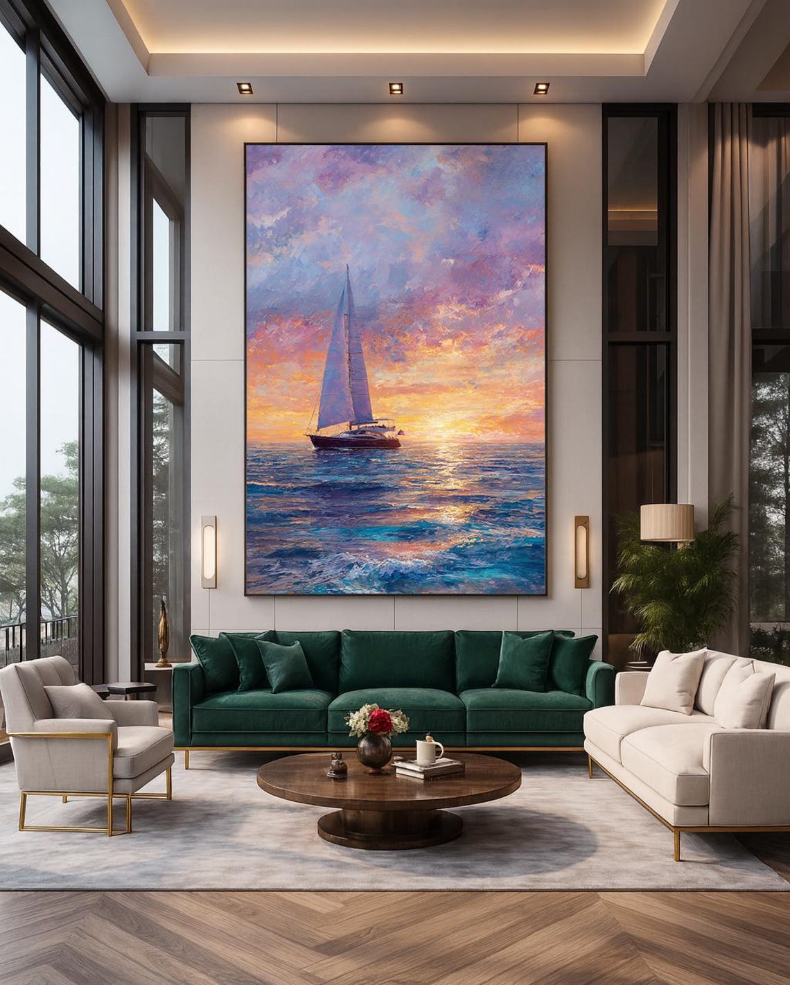 Sailboat at Sunset on Purple Ocean Impressionist Painting Wall Art