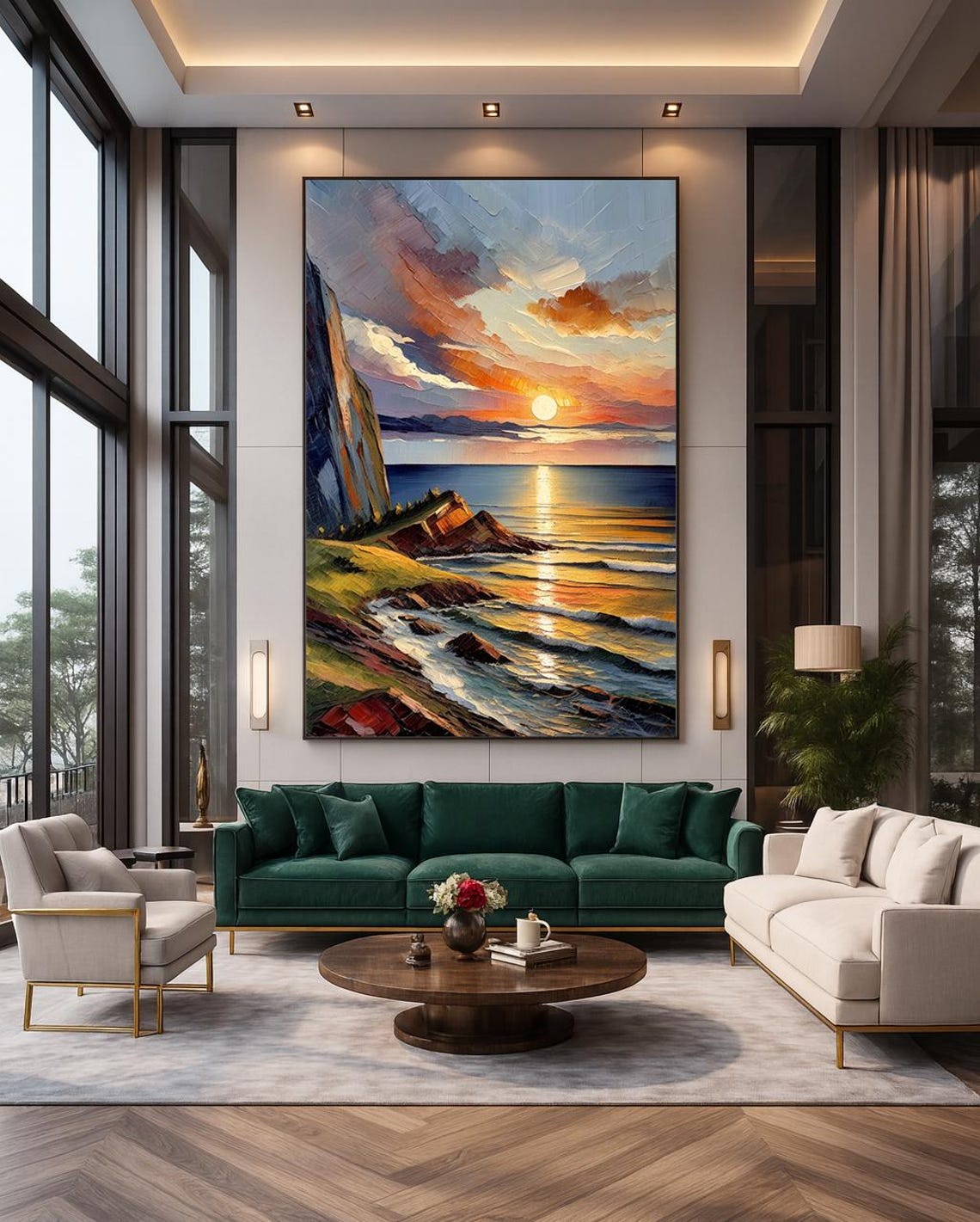 Sunset Ocean Waves Rocky Coast Textured Impasto Seascape Poster