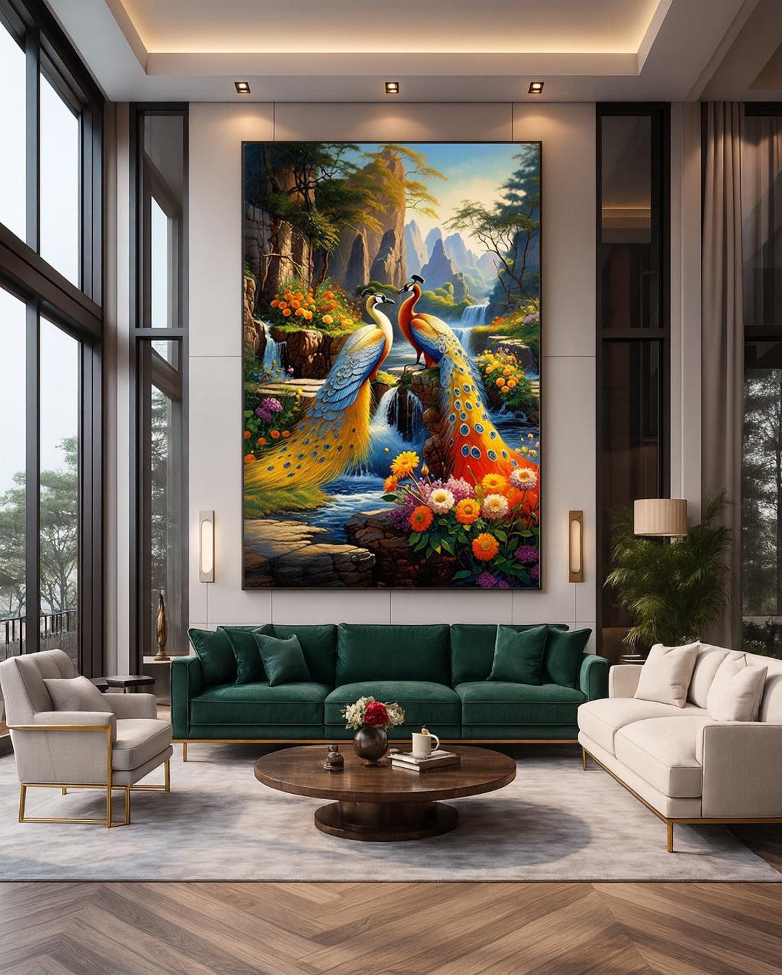 Pair of Peacocks Tropical Waterfall Paradise Exotic Birds Art Poster