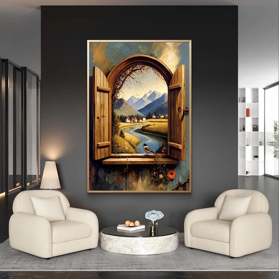 Window View To Mountains Print Rustic Countryside River Landscape Wall Art