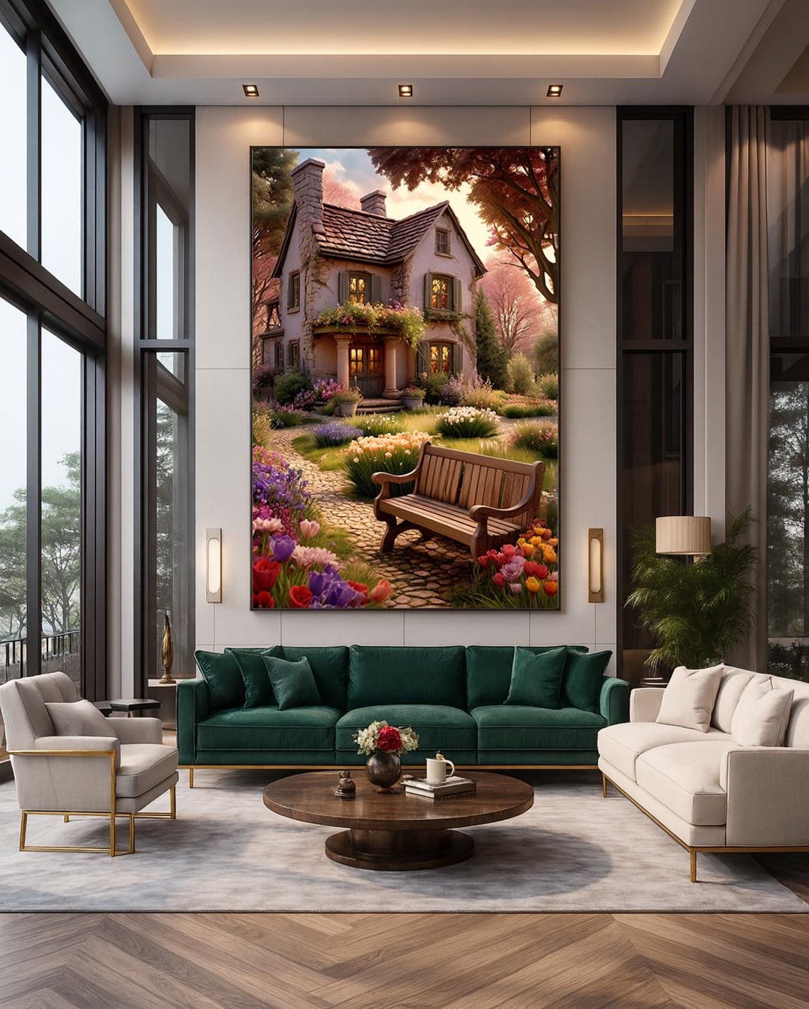 Enchanted Cottage Garden Bench Spring Flowers Stone House Art Poster